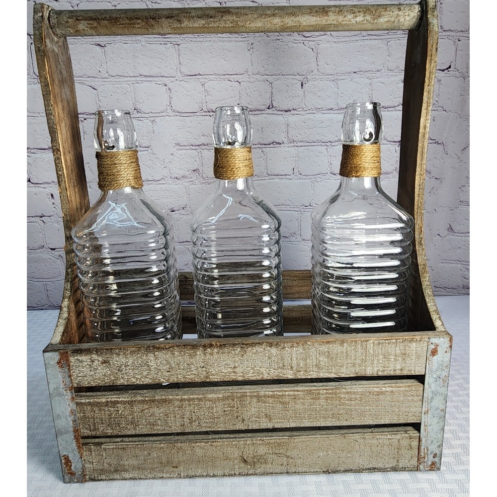 Wooden Rustic Farm Basket + 3 GLASS ASHLAND SQUARE BEEHIVE BOTTLES Decor Porch